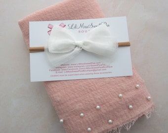 Pearl Swaddle Wrap in Coral Blush color AND/OR White Fabric Bow headband, newborn photo,  swaddle wrapset, Lil Miss Sweet Pea