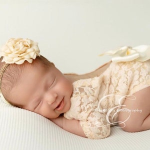 Newborn Lace Romper in Dark Ivory with a hint of Peach OR in White, Unlined, Optional Back Bow AND/OR flower headband, Lil Miss Sweet Pea