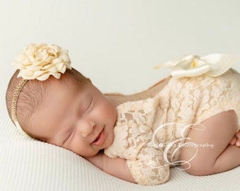 Newborn Lace Romper in Dark Ivory with a hint of Peach OR in White, Unlined, Optional Back Bow AND/OR flower headband, Lil Miss Sweet Pea