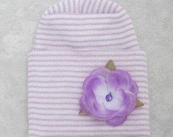 PREEMIE - Newborn Lavender & White Stripe hospital hat with lavender flower, latex free fabric for hospitals, double ply, Lil Miss Sweet Pea