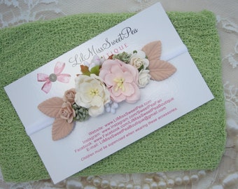 Celery Swaddle AND/OR Couture Pink & Cream Mulberry Flower Headband, bandeau, newborn photoshoot, photographer headband, Lil Miss Sweet Pea