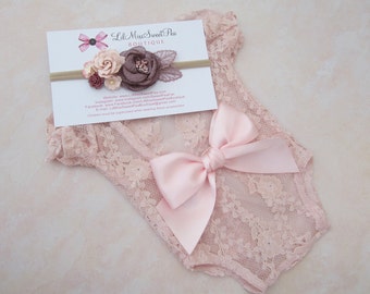 Newborn Pink Champagne Unlined Lace Romper with puffed sleeves, with or without a bow on the back, AND/OR headband, Lil Miss Sweet Pea