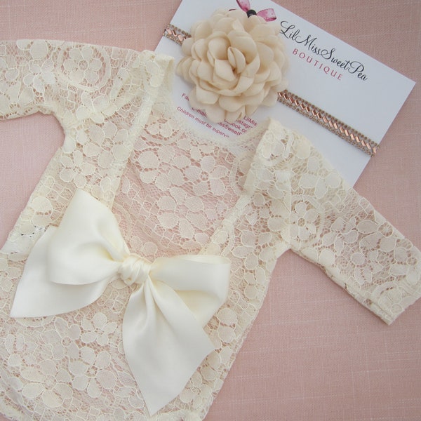Newborn Lace Romper, unlined, in light Ivory OR in White AND/OR flower headband, Optional back bow on romper,  Lil Miss Sweet Pea