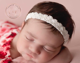 White Beaded Headband for newborns, baby headband for newborn photos, christening, baptism, Lil Miss Sweet Pea