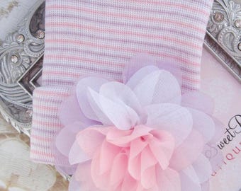 Newborn Hospital Hat, lavender, pink & white stripes with a tri-color petal flower, baby hat, baby shower gift, Lil Miss Sweet Pea Boutique