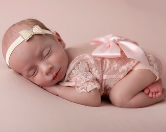 Light Pink Newborn Lace Romper, unlined, w/ puffed sleeves, optional bow on the back, AND/OR pearl bow headband, Lil Miss Sweet Pea