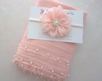 Peachy Blush Muslin Newborn Pearl Swaddle Wrap AND/OR Chiffon Flower Headband