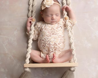 Ivory Lace Romper for Newborn Photos AND/OR chiffon flower headband, children's photo prop, baby girl boho,  by Lil Miss Sweet Pea