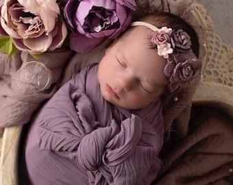 Dusty purple newborn swaddle wrap with wrinkled folds AND/or light lavender pearl swaddle AND/or headband for photo shoot Lil Miss Sweet Pea