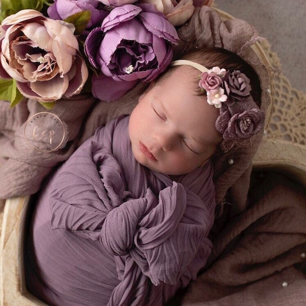 Dusty purple newborn swaddle wrap with wrinkled folds AND/or light lavender pearl swaddle AND/or headband for photo shoot Lil Miss Sweet Pea