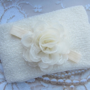 Cream Knit Wrap AND/OR Matching Cream Chiffon and Lace Flower Headband, photo shoots, newborn swaddle wrap, bebe foto, Lil Miss Sweet Pea image 1