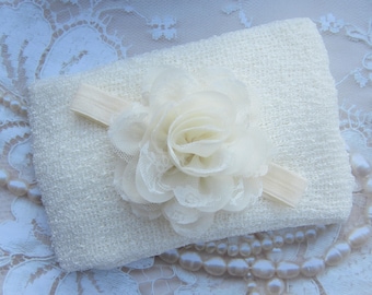 Cream Knit Wrap AND/OR Matching Cream Chiffon and Lace Flower Headband, photo shoots, newborn swaddle wrap, bebe foto, Lil Miss Sweet Pea