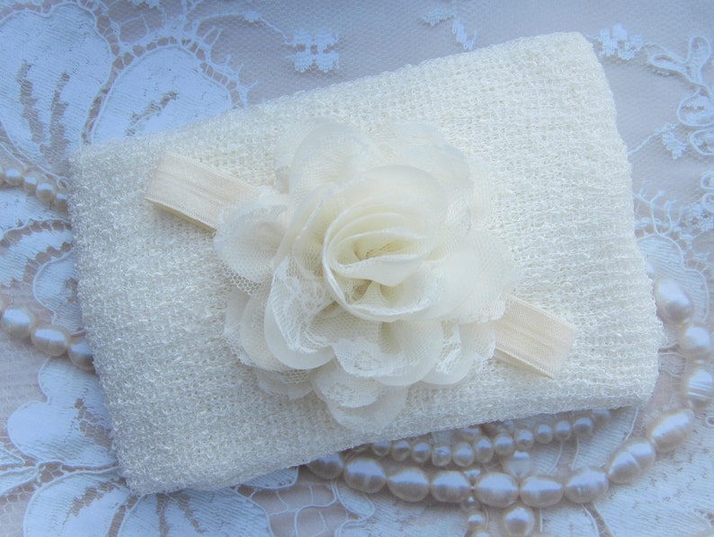 Cream Knit Wrap AND/OR Matching Cream Chiffon and Lace Flower Headband, photo shoots, newborn swaddle wrap, bebe foto, Lil Miss Sweet Pea image 1