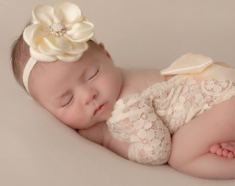 Newborn Lace Romper, unlined, in light Ivory AND/OR flower headband, Optional back bow on romper,  Lil Miss Sweet Pea