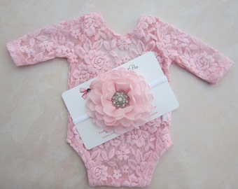 Bubblegum Pink Lace Romper, lace, w,sleeves, unlined, AND/OR matching 4 inch floral headband/ newborn set, bebe foto, Lil Miss Sweet Pea