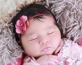 Shades of Pink Hydrangea flower headband, newborn, bandeau bebe, flower headband, skinny elastic headband by Lil Miss Sweet Pea