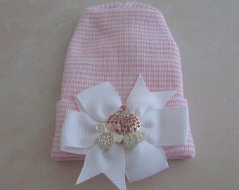 Pink princess carriage, baby hospital hat, pink stripe hat with bow, newborn take home outfit by Lil Miss Sweet Pea