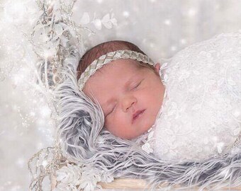 Hand beaded silver tone headband for newborn photo shoots, bebe bandeau, photoshoot, Christmas, snow scene, by Lil Miss Sweet Pea