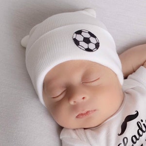 BOYS Soccer Newborn Hospital Hat, in white  or blue, baseball beanie, infant beenie, take home hat, boys sports, by Lil Miss Sweet Pea