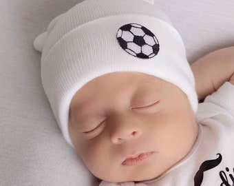 BOYS Soccer Newborn Hospital Hat, in white  or blue, baseball beanie, infant beenie, take home hat, boys sports, by Lil Miss Sweet Pea