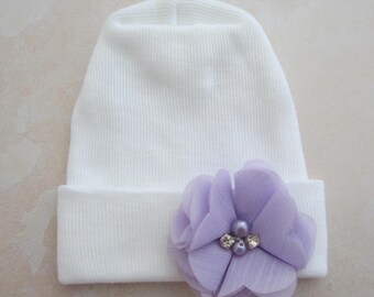 Newborn Hospital Hat: Baby White Hat, Lavender Flower, Latex Free