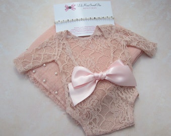 Newborn Lace Romper Champagne Pink, AND/or Dusty Rose Pink Pearl Swaddle AND/or Pearl and Rhinestone Headband, by Lil Miss Sweet Pea