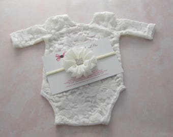 Off white stretch lace romper AND/OR matching headband, newborn photography, unlined, fits newborns 5.5-9 pounds, by Lil Miss Sweet Pea