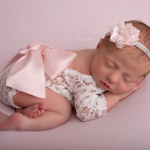 White Embroidered Lace Romper Outfit, with or without back bow, w/sleeves, unlined, AND/OR matching flower headband, bebe Lil Miss Sweet Pea SET OF BOTH WITH BOW