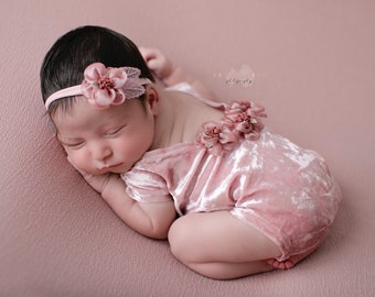 Newborn stretch velvet romper AND/OR matching headband for newborn photos by Lil Miss Sweet Pea