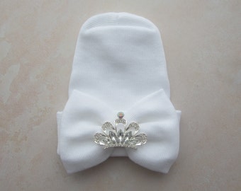 Princess Crown Newborn Hospital Hat, white, large bow and a silver rhinestone crown, baby hat girl, lil miss sweet pea, infant beanie, gift