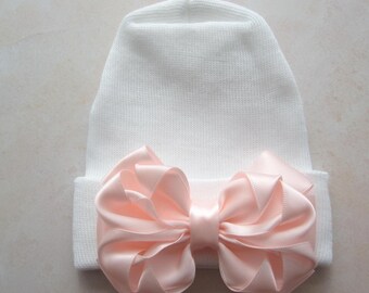 Newborn Hospital Hat: White with Light Pink Boutique Satin Bow