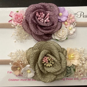 Couture headband, PLUM or SAGE, for newborn or older girls photos, fabric and paper flowers, by Lil Miss Sweet Pea image 2