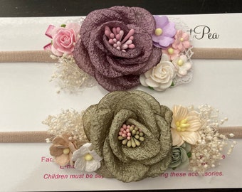 Couture headband, plum or sage, for newborn or older girls photos, fabric and paper flowers, by Lil Miss Sweet Pea