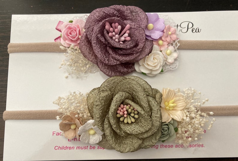 Couture headband, PLUM or SAGE, for newborn or older girls photos, fabric and paper flowers, by Lil Miss Sweet Pea image 2