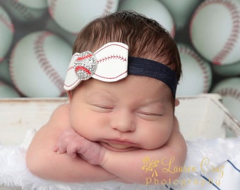 Baseball Bow Headband with a Rhinestone Center, perfect for newborn photo shoots, Yankees, Lil Miss Sweet Pea