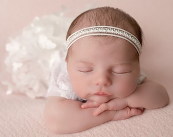 White Headband with small faux rhinestones in the center for newborns photo shoots, Christening, Baptism, bandeau bebe, Lil Miss Sweet Pea