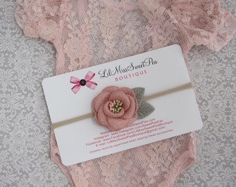 Pink Champagne Unlined Lace Romper with puffed sleeves, with or without a bow on the back, AND/OR flower headband, Lil Miss Sweet Pea