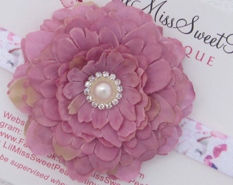 Floral Elastic Headband, dusty mauve flower, newborn photo shoot, bebe foto, Lil Miss Sweet Pea