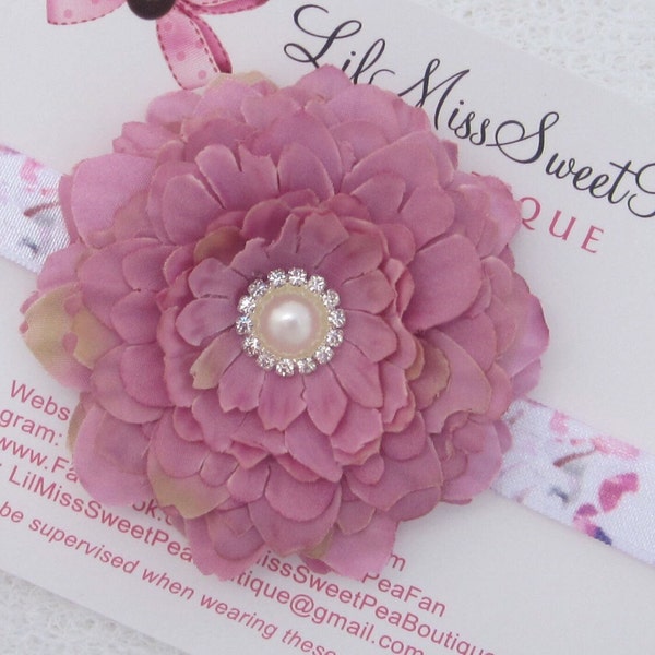 Floral Elastic Headband, dusty mauve flower, newborn photo shoot, bebe foto, Lil Miss Sweet Pea