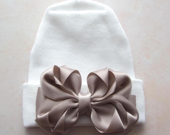 Newborn Hospital Hat: White with Champagne Boutique Bow