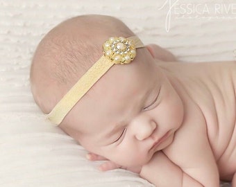 Gold button on glitter gold headband, newborn photo, baby bling, by Lil Miss Sweet Pea