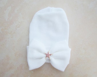 Newborn hospital hat, white with pink and silver starfish, latex free, take home outfit, baby beenie, round top hat, by Lil Miss Sweet Pea