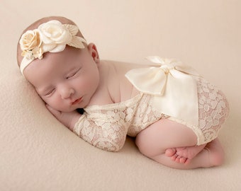 Light Ivory Lace Romper, lace, w,sleeves, unlined, AND/OR matching floral headband/ newborn set, bebe foto, Lil Miss Sweet Pea