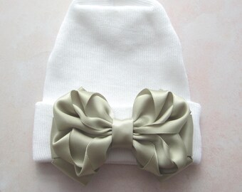 Newborn Hospital Hat: White with Sage Boutique Satin Bow