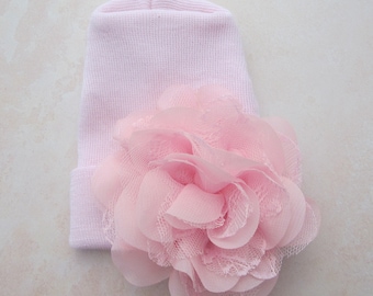 Newborn Hospital Hat, baby pink with 4 inch pink lace and chiffon flower, baby hat, infant, shower gift, Lil Miss Sweet Pea