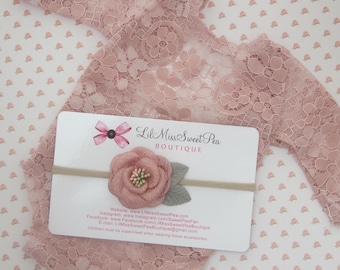 Newborn Lace Romper/ Dusty Rose/ unlined/ AND/OR matching flower headband/ newborn photography/ shower gift, Lil Miss Sweet Pea