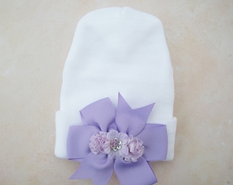 Newborn Hospital Hat, white with pink or lavender bow & matching ribbon flowers, baby hat, shower gift, baby girl hat, Lil Miss Sweet Pea