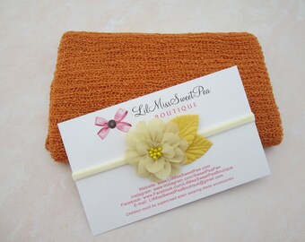 Rust Newborn Swaddle Wrap, Knit Soft Stretch Swaddle, AND/OR Flower Headband, a 2 inch flower, for Photography/ by Lil Miss Sweet Pea