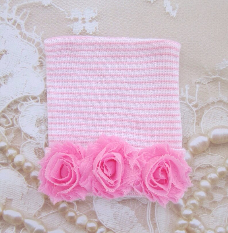 Newborn Hospital Hat, Pink & White Stripe with Shabby Roses, baby hat, take home hat, hospital, hat by Lil Miss Sweet Pea Boutique image 2