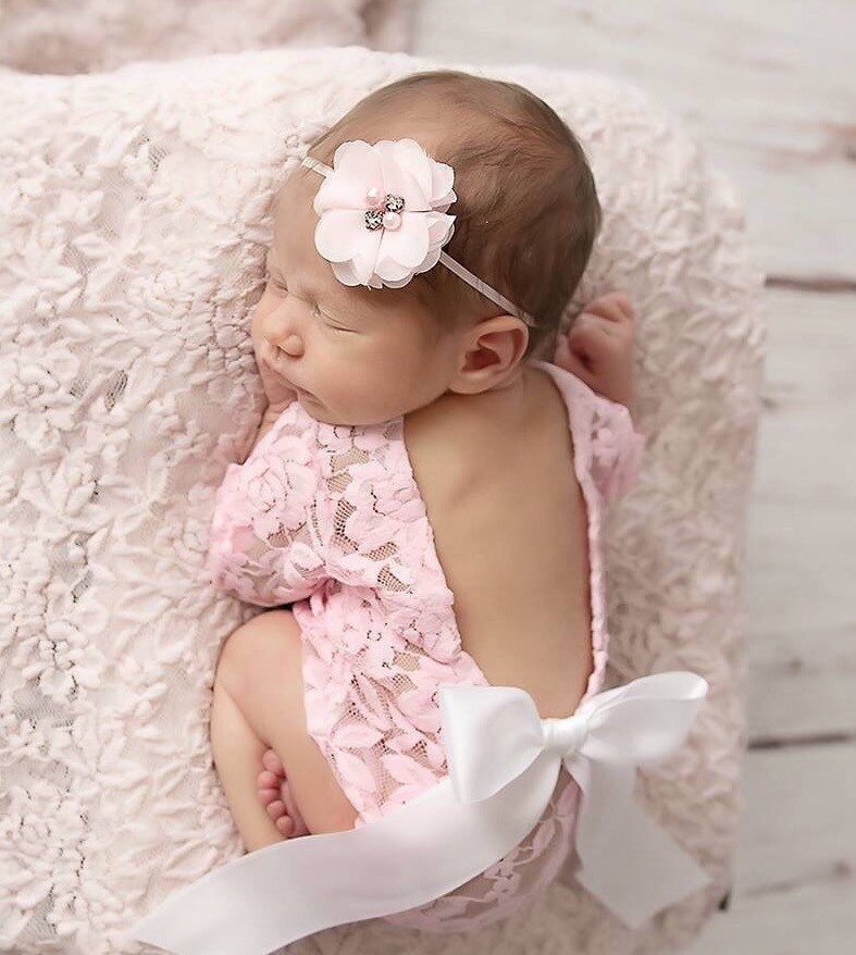 Newborn Lace Romper in White or Pink AND OR Pink Flower Headband